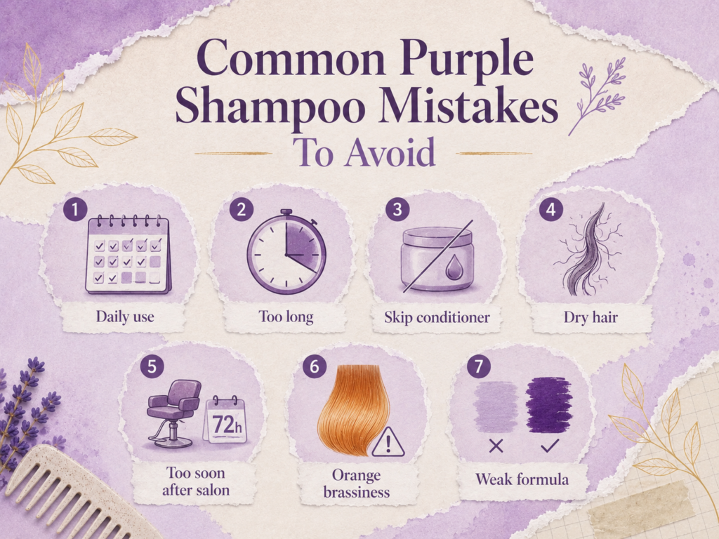 Purple shampoo mistakes infographic showing the most common toning errors to avoid