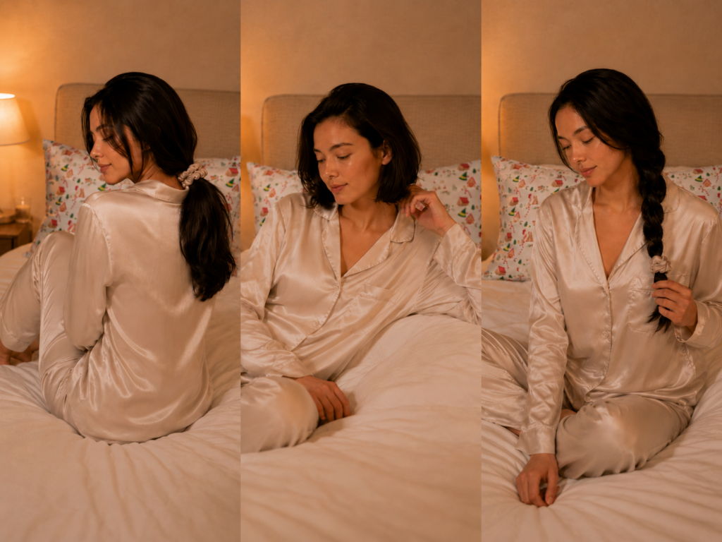 Three bedtime hairstyles for straight or fine hair including loose ponytail, short hair down, and single braid