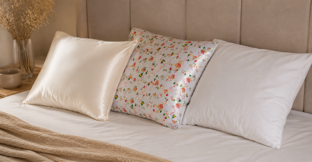 Silk, satin, and cotton pillowcases arranged on a bed to compare hair-friendly sleep fabrics