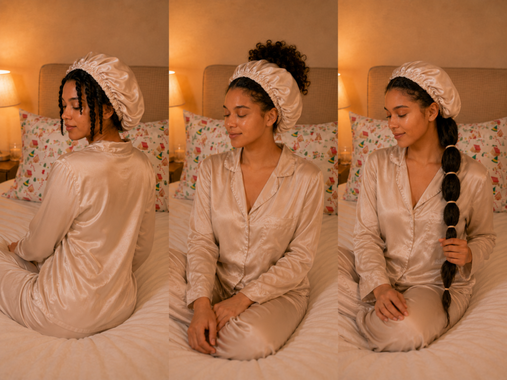 Three protective bedtime styles for coily textured hair including twists, pineapple under bonnet, and banded hair