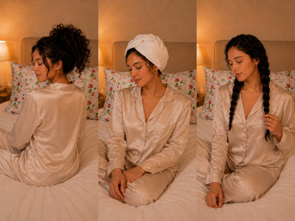 Three overnight hairstyles for curly hair including high pineapple, hair wrap, and loose two-strand twists