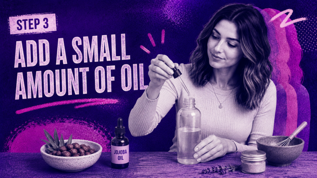 Woman adding a small amount of jojoba oil to a homemade shampoo bottle with natural oils, aloe, soap nuts, and mixing tools in a purple DIY shampoo tutorial scene.