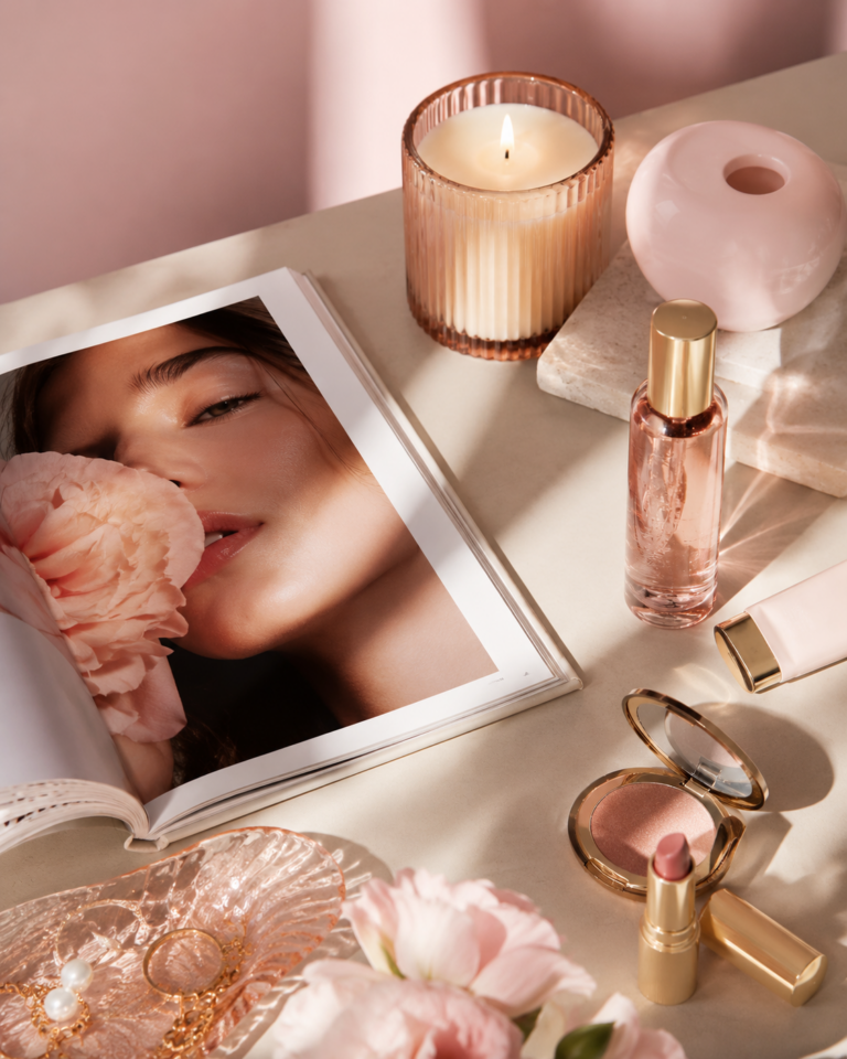 Elegant beauty flatlay with a magazine, candle, perfume, makeup, jewelry tray, and soft pink flowers for a Blushea newsletter popup.