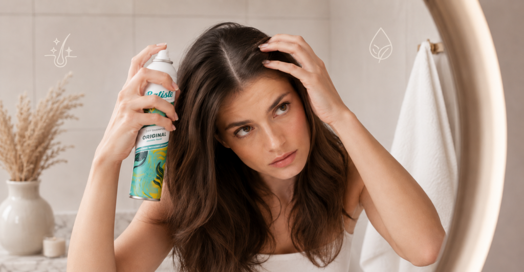 Woman applying dry shampoo to dark hair while checking her scalp in a soft bathroom setting