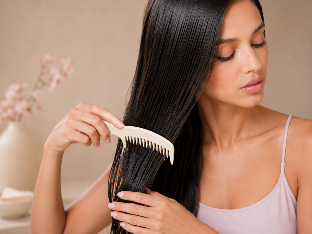 Woman gently detangling the ends of her hair with a wide-tooth comb to prevent breakage.
