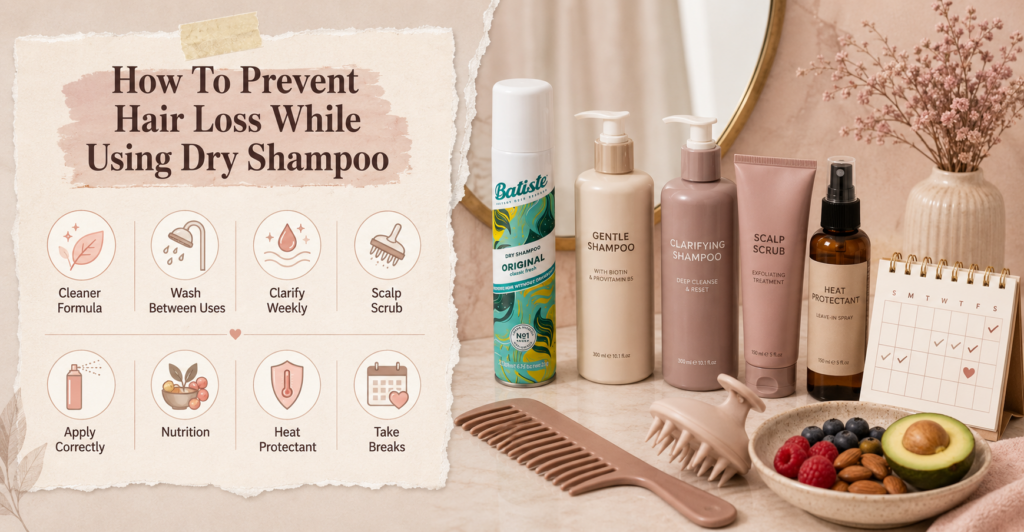 Hair care setup with dry shampoo, gentle shampoo, clarifying shampoo, scalp scrub, heat protectant, comb, and healthy foods for safer dry shampoo use