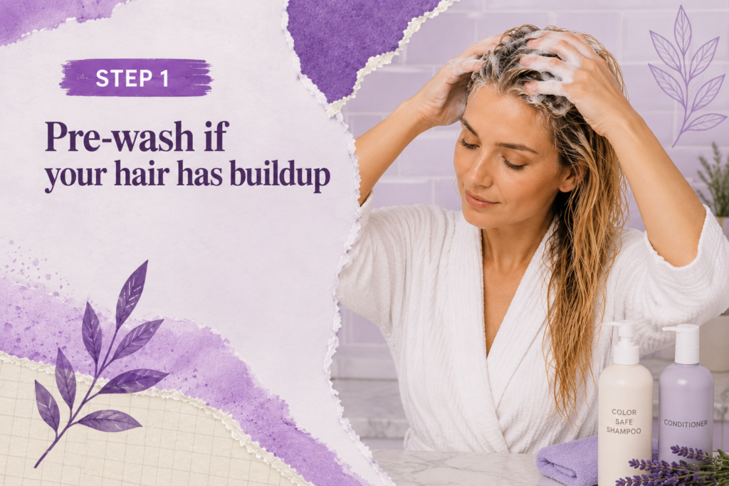 Woman pre-washing blonde hair with regular shampoo before using purple shampoo