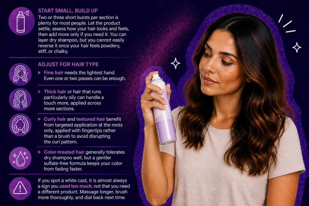 Woman holding a dry shampoo can beside large hair care icons on a dark purple graphic background, showing how to use the right amount for different hair types.