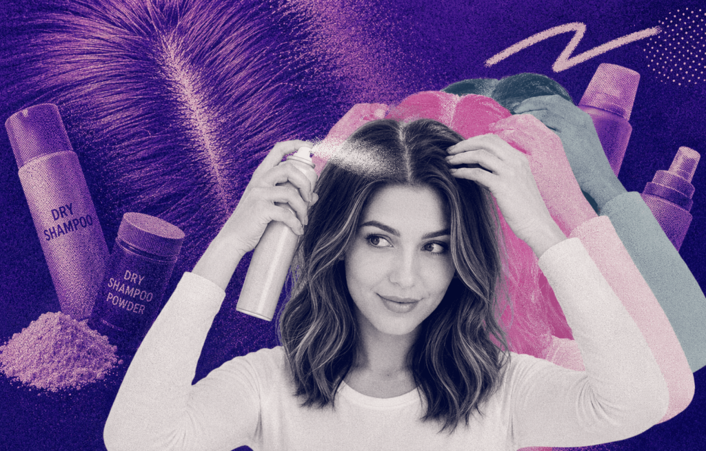 Young woman applying dry shampoo to her roots in a stylized purple editorial collage with hair care product visuals and powder texture effects.