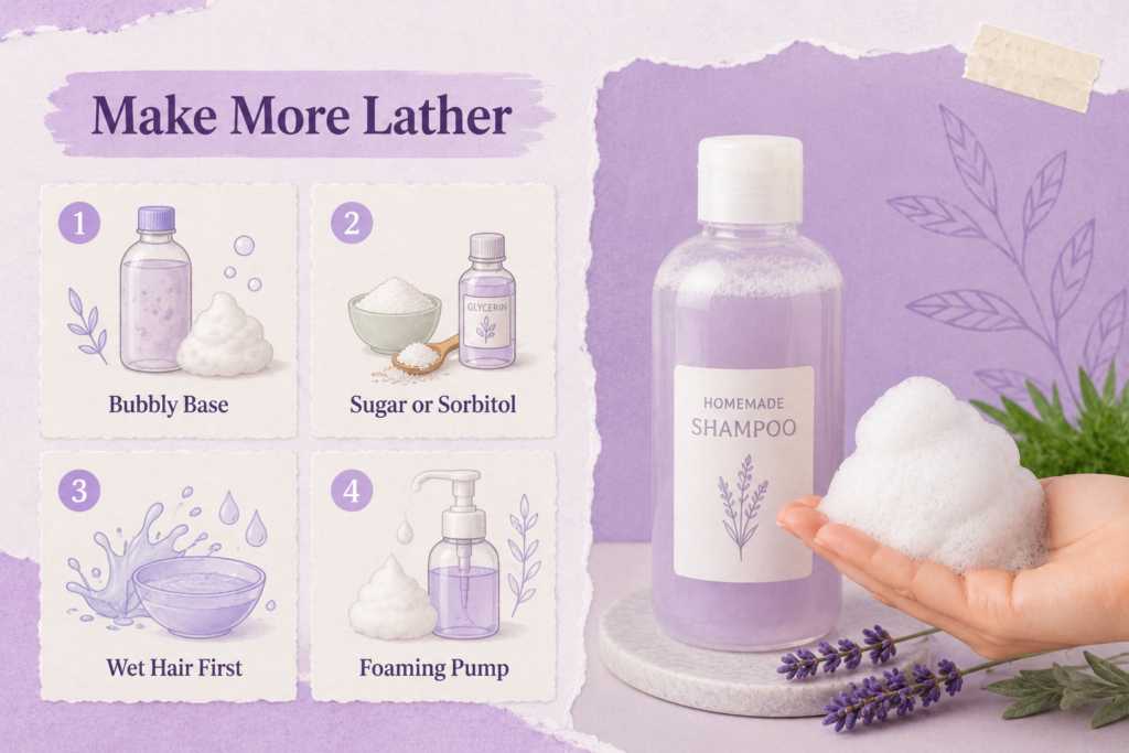 Homemade shampoo lather guide showing bubbly shampoo, sugar or sorbitol, wet hair first, and a foaming pump bottle in a lavender DIY hair care setup.