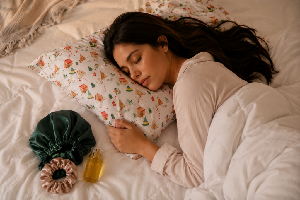 Woman sleeping on a patterned satin pillow with healthy dark hair in a cozy bedroom