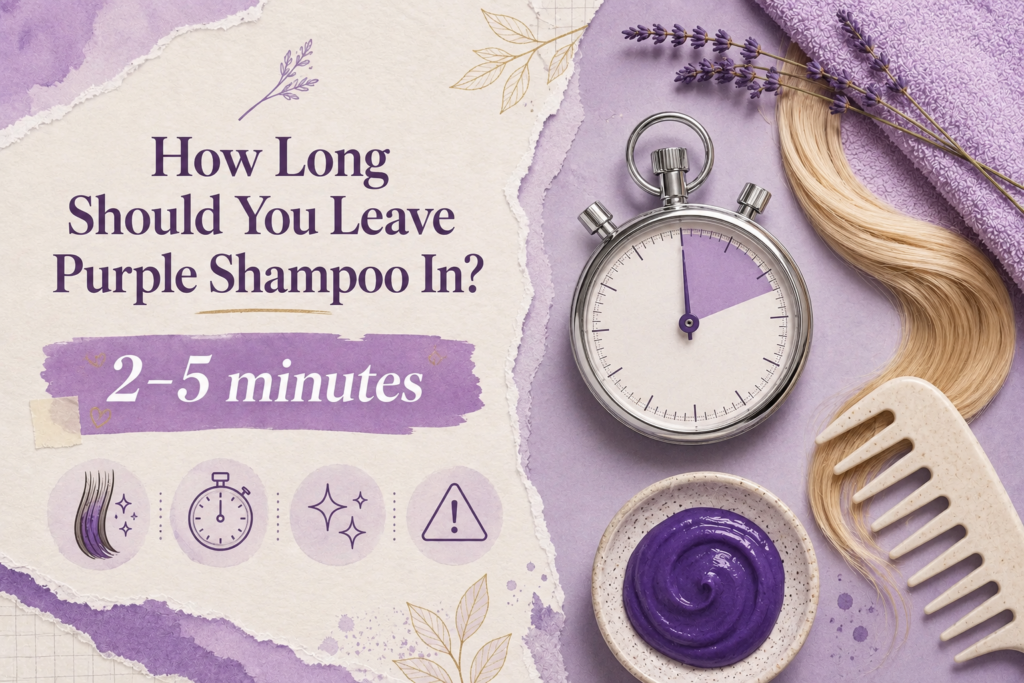 Purple shampoo timing guide showing a timer, blonde hair strand, and purple toning product for brassiness control