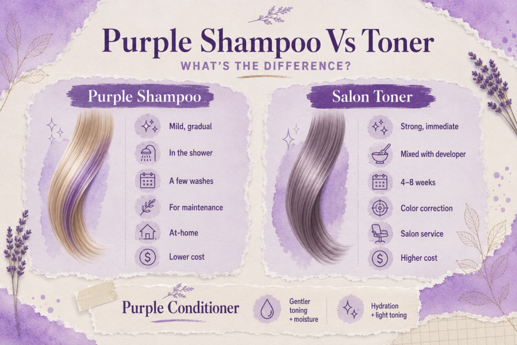 Purple shampoo vs toner comparison guide for blonde hair toning and brassiness control