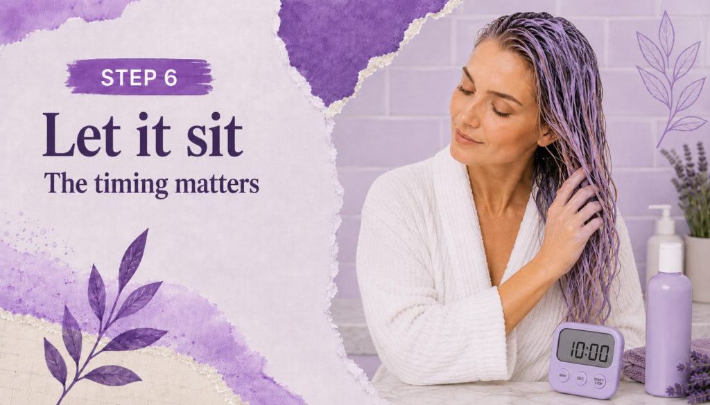 Woman letting purple shampoo sit on blonde hair with a timer nearby to control toning time