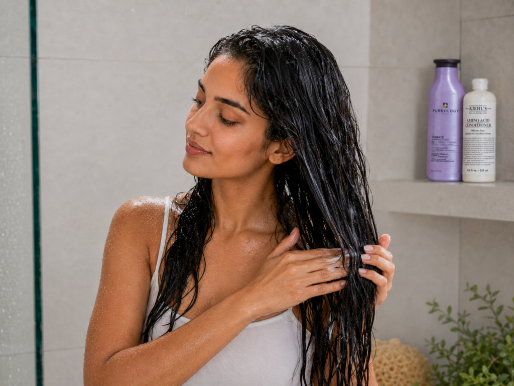 Woman applying conditioner only to the mid-lengths and ends of wet hair