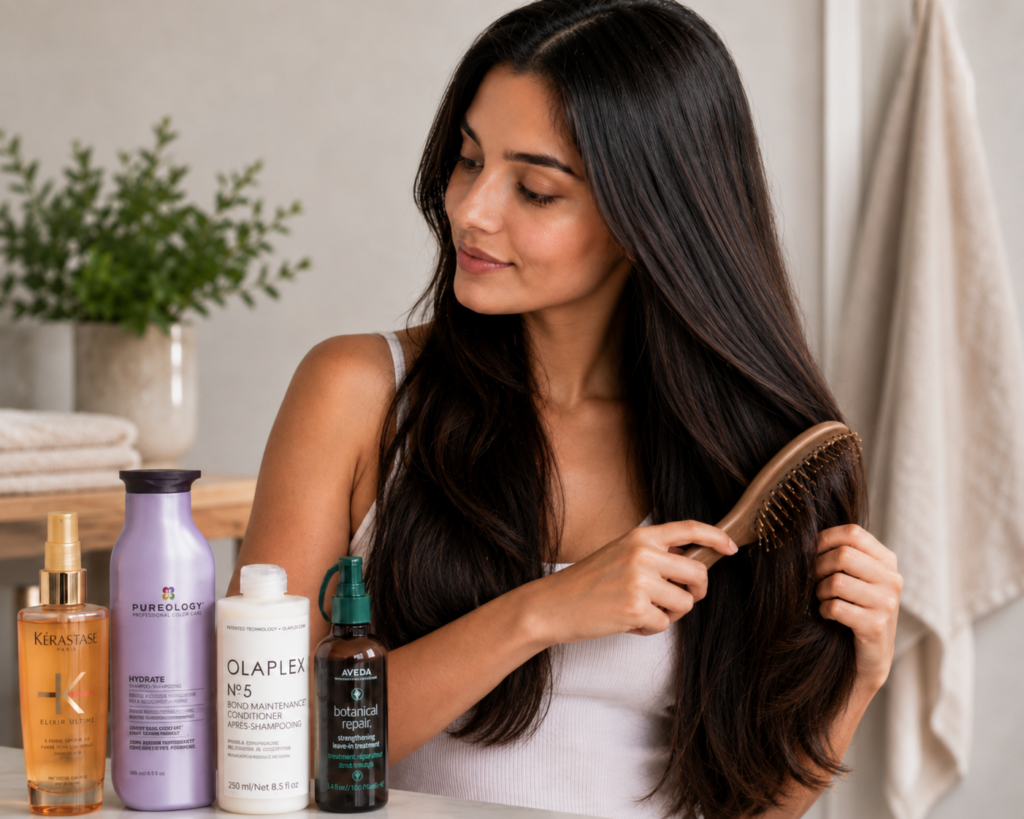 Woman gently brushing dry hair with a paddle brush before washing, with real haircare product bottles arranged on a bathroom vanity.