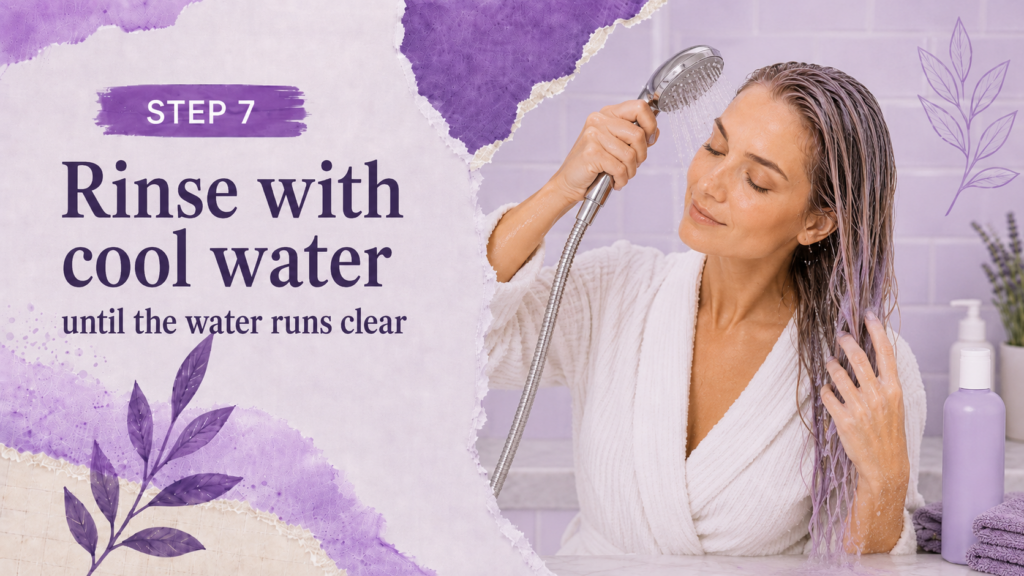 Woman rinsing purple shampoo from blonde hair with cool water in the shower