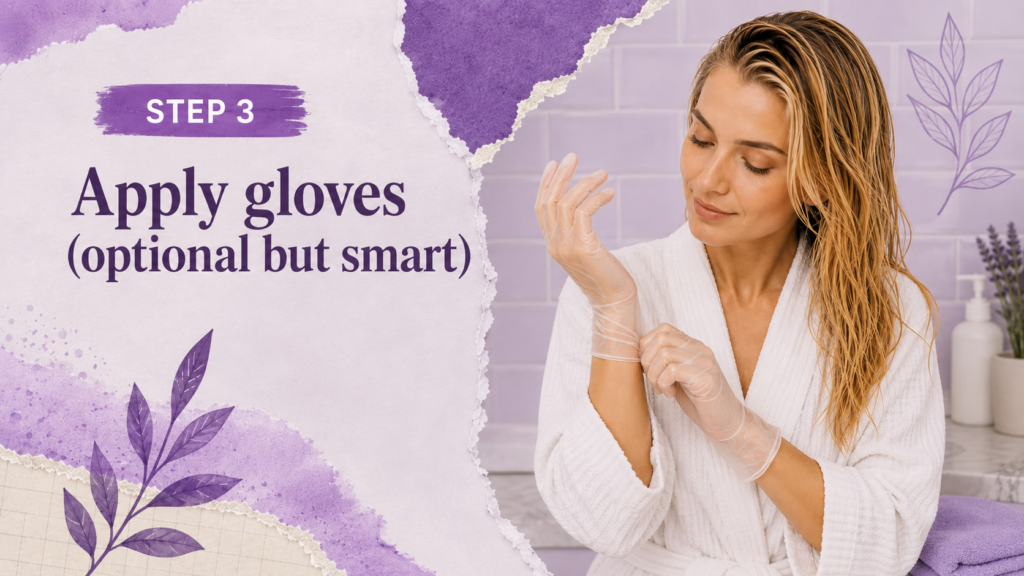 Woman putting on gloves before applying purple shampoo to protect her hands from staining