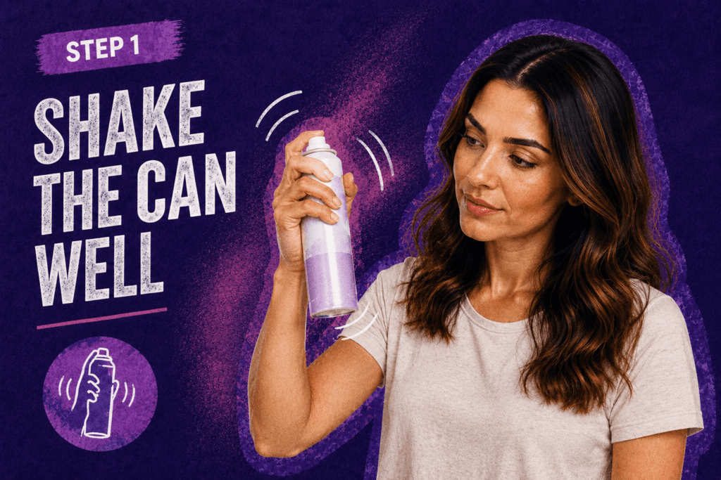 Woman shaking a dry shampoo spray can in a bold purple tutorial graphic for step 1, showing how to shake the can well before applying.
