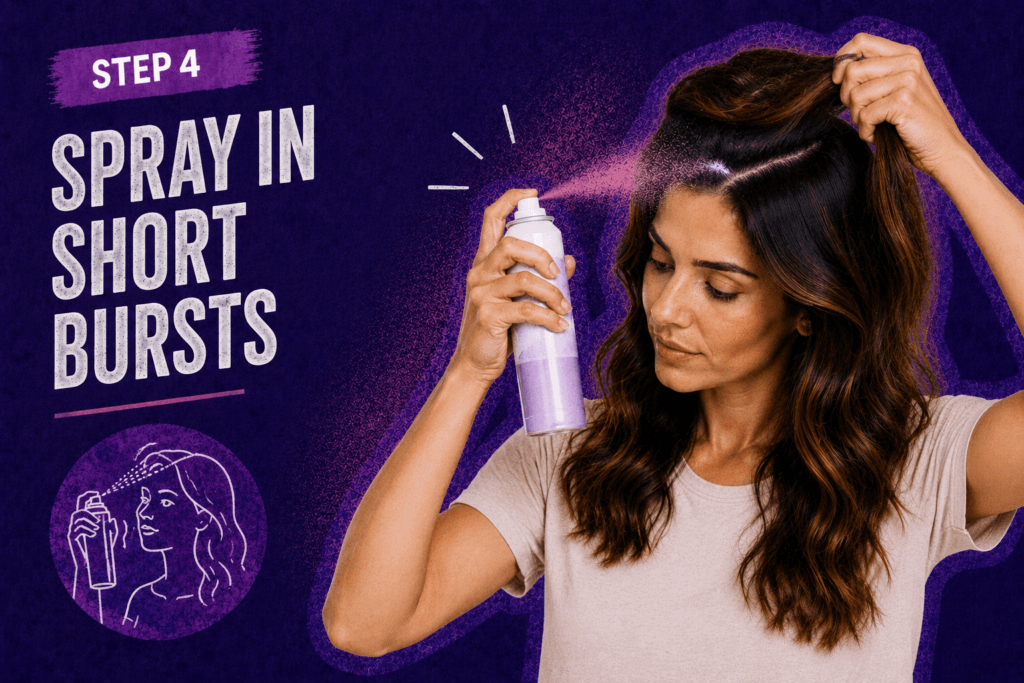 Woman spraying dry shampoo in short bursts at her roots in a bold purple tutorial image for even product distribution.