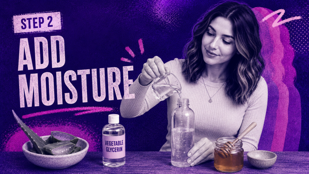 Woman adding moisture to homemade shampoo by pouring liquid into a bottle with aloe vera, vegetable glycerin, and honey on a purple natural hair care setup.