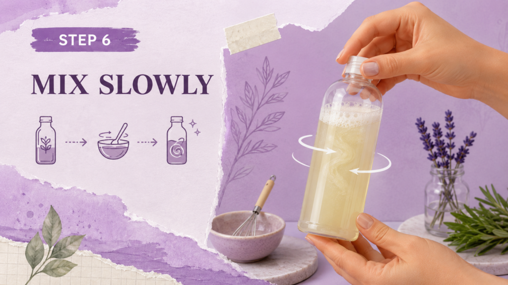 Hands gently mixing homemade shampoo in a clear bottle with swirling motion arrows, lavender, rosemary, and soft purple botanical background.