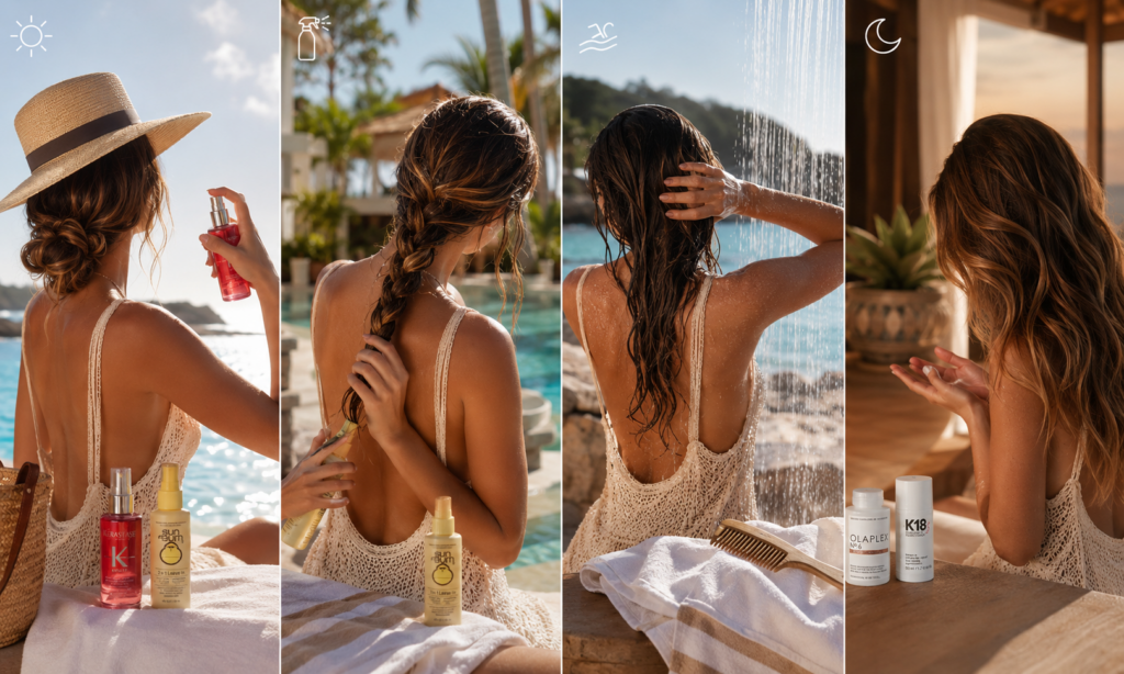 Step-by-step summer hair care routine showing sun protection, pre-swim care, rinsing, and evening repair