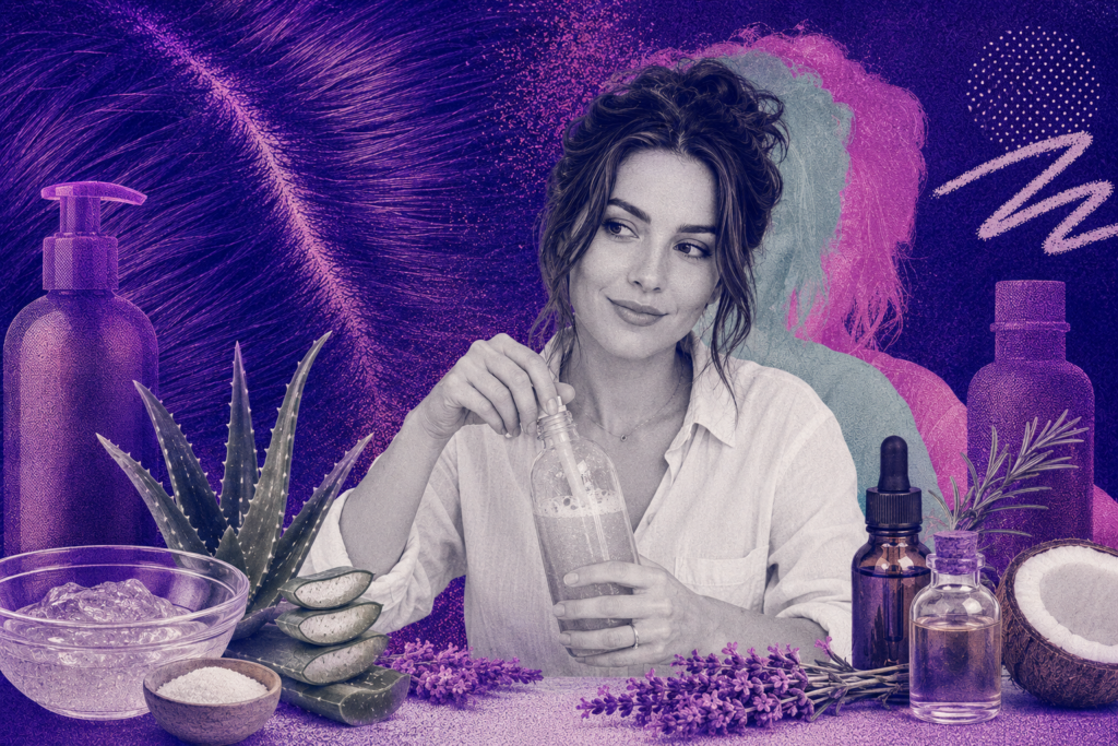 Woman making homemade shampoo in a purple collage-style image with aloe vera, herbs, oils, and natural DIY hair care ingredients.