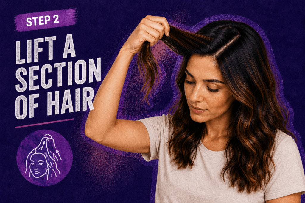 Woman lifting a section of hair in a purple step-by-step dry shampoo graphic, showing how to section hair before spraying the roots.