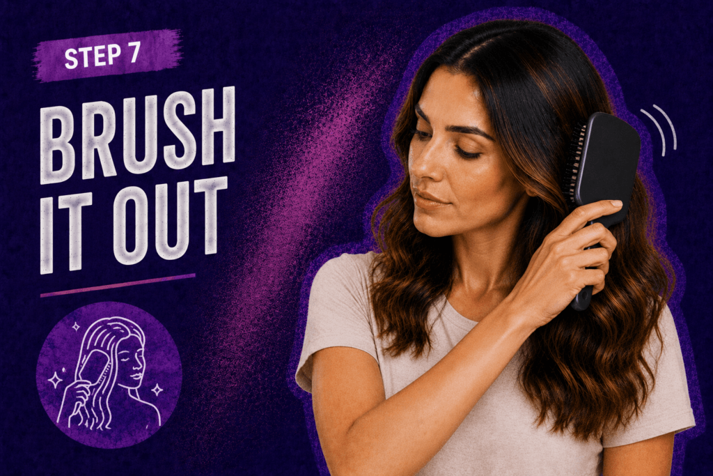 Woman brushing her hair with a paddle brush in a purple step 7 graphic, showing how to blend dry shampoo and remove leftover residue.