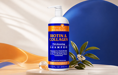 Renpure Biotin & Collagen Thickening Shampoo for everyday volume on a clean blue and gold product background