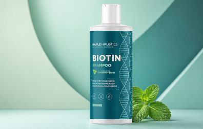 Maple Holistics Volumizing Biotin Shampoo for thinning hair with peppermint scent on a minimal beauty background