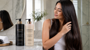 Woman with smooth, shiny hair beside keratin shampoo and conditioner bottles on a bright bathroom counter.