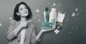 Woman presenting shampoo and conditioner with a health account card, medical receipt, and healthcare symbols on a grey editorial background.