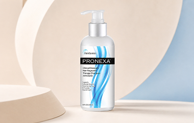 Hairgenics Pronexa Clinical Strength Hair Growth Therapy Shampoo with Biotin on a clean beige and blue graphic background