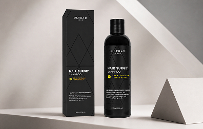 Ultrax Labs Hair Surge Caffeine Stimulating Shampoo for thinning hair displayed with black bottle and box